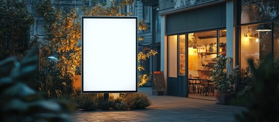 Blank billboard with a cafe behind it, illuminated with warm light in the evening.