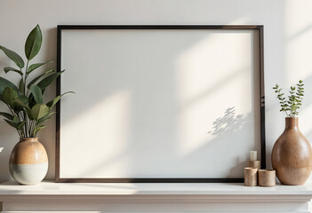 blank picture frame mockup on white wall minimalist interior background with sunlight shadow plant h