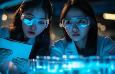 Two Asian female scientists working at night, conducting experiments with beakers and test tubes