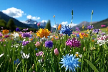 Aufkleber - Interactive 3D digital meadow, where users can explore a fully animated field of wildflowers, surrounded by distant mountains and a clear blue sky.