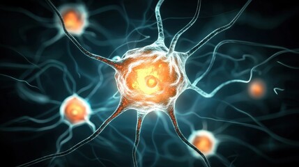Poster - bright neuron cells in a dark background concept