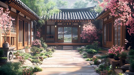 Wall Mural - A serene courtyard with traditional Japanese architecture and blooming cherry blossoms.