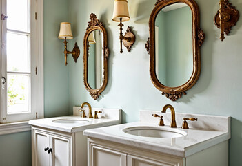 An elegant bathroom featuring a double vanity with marble countertops, ornate mirrors, and brass fixtures