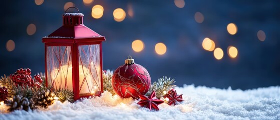 A red lantern sits on a snowy surface next to a red ball