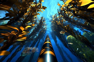 Aufkleber - Interactive 3D digital model of a kelp forest, where users can explore the ocean floor, swimming through the dense kelp and interacting with marine life.