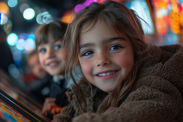 Poster - Parents and kids having a fun day at a local arcade, playing games and winning prizes.