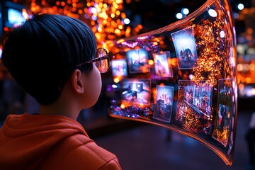 Aufkleber - Interactive 3D digital scene of a person reflecting on yesterdayâ€™s decisions, where users can explore floating images, notes, and animated reflections of past experiences.