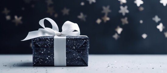 Poster - Gift Box with White Ribbon on a Glittering Surface