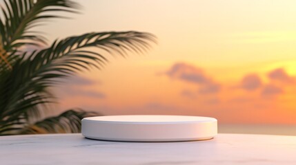 Poster - White round podium on marble surface with blurred tropical leaves and sunset in background.