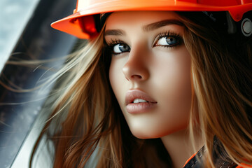 Wall Mural - Portrait of a beautiful woman in a safety helmet.