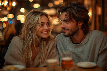 Poster - A young couple enjoying a casual date night at a cozy restaurant, dressed comfortably and enjoying their meal.