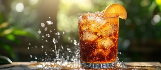 Canvas Print - Close-up of a refreshing iced tea with a slice of lemon, garnished with ice and served in a glass. Water splashes around the glass, creating a summery vibe.