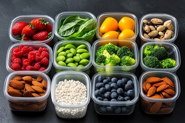 Poster - Minimalist design of a weekly meal prep plan, showing clean, simple containers filled with portions of food groups for a healthy eating plan.