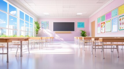 Poster - A clean, bright classroom background with rows of desks, a chalkboard, and colorful posters on the walls, perfect for educational themes.