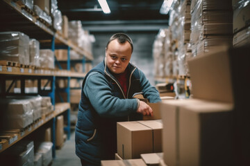 Young man with Down syndrome working in big warehouse. social inclusion concept. Intellectual disability, social integration concept