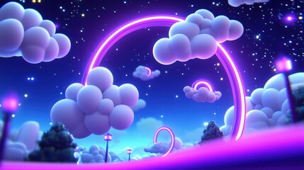 Dreamy Clouds with Neon Rings and Starry Sky