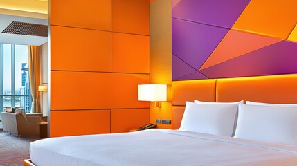 Poster - Modern Hotel Room with Bright Orange and Purple Design