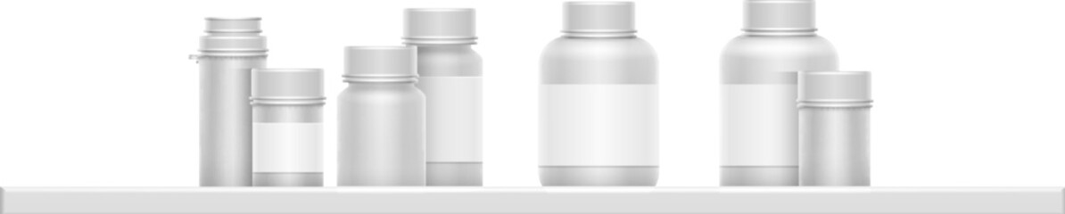 Wall Mural - Drug bottles shelf. White plastic containers realistic mockup