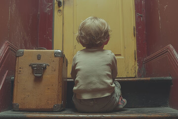 Wall Mural - A child sitting on a staircase with a suitcase beside them, looking up at a closed door where their parent stands behind it.