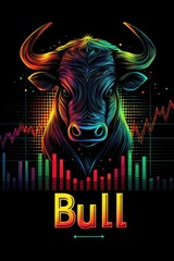 Poster - Vibrant modern bull logo design with dynamic neon colors and financial chart elements