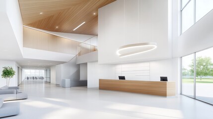 Poster - A corporate office lobby with a high ceiling, minimalist decor, and natural lighting, featuring a reception desk and waiting area.