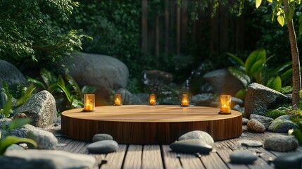 Poster - Wooden Platform with Candles in a Tranquil Forest Setting.