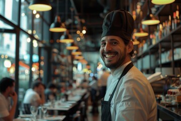 Wall Mural - Portrait of a smiling chef in busy restaurant