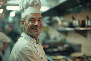 Wall Mural - Portrait of a smiling chef in busy restaurant