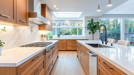 Poster - A cozy kitchen with wooden cabinets, marble countertops, and warm lighting, creating an inviting and homely atmosphere.
