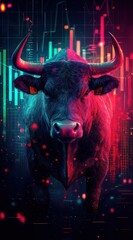 Poster - Abstract bull art with modern digital elements and vibrant colors representing strength and market trends