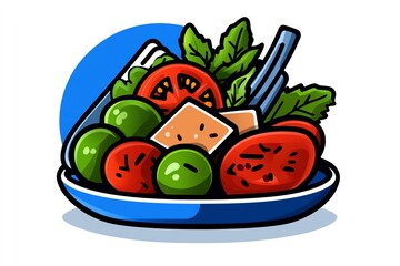 Aufkleber - Minimalist icon of a vegetarian plate, featuring abstract shapes of tofu and vegetables in a simple, clean design.