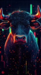 Poster - Abstract digital artwork of a futuristic bull with vibrant neon lighting and financial graphs on a dark background