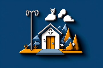 Poster - Minimalist icon of rural healthcare, with simple, clean lines representing a small clinic surrounded by natural scenery.