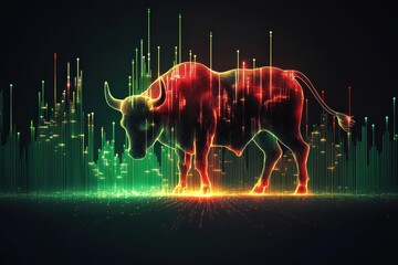 Poster - Abstract digital bull with glowing data patterns representing financial growth and technological advancement.