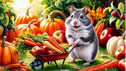 Cute hamster joyfully pushing a wheelbarrow full of carrots and apples in a vibrant autumn setting