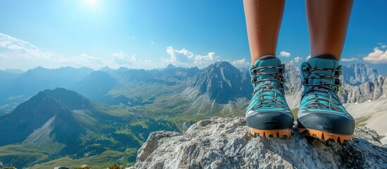 Closeup of a woman's feet standing on a mountain peak, looking out at a vast mountain range with a bright blue sky and puffy clouds in the background.