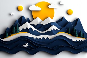 Aufkleber - Minimalist ocean and nature scene, with abstract shapes representing waves and a forested coastline in a clean, simple design.