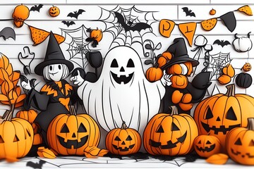 Poster - Simple line art of a Halloween party scene, with abstract shapes representing costumed guests, pumpkins, and festive dÃ©cor.