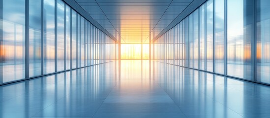 Canvas Print - Empty hallway with glass windows reflecting a sunset.