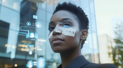 Wall Mural - A Black businesswoman stands in front of an office building, with digital facial biometric data overlaying her face