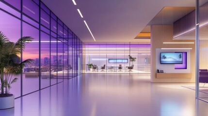 Poster - A high-tech office building interior with smart lighting, glass walls, and open spaces designed for collaborative work environments.