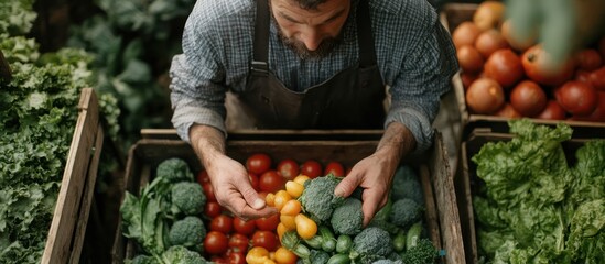 Sticker - Farmer inspecting freshly harvested vegetables.