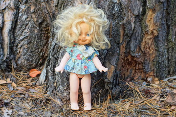 Wall Mural - one small old beautiful toy plastic dirty children's blue dress blonde hair lost doll girl on the ground near tree trunk daytime outdoors