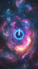 Fototapete - galaxy with neon power button symbol in outer space