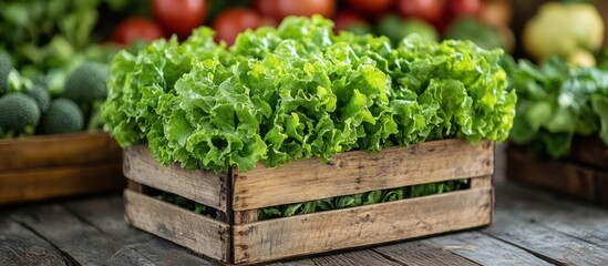 Sticker - Fresh green lettuce in a wooden crate on a rustic wooden table.