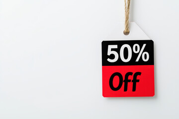 Promotional tag showing 50percent off sale, perfect for advertising discounts and special offers.