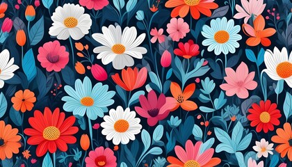 Wall Mural - Charming Whimsical Floral Motifs in a Colorful and Delightful Seamless Pattern