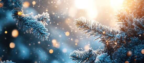 Poster - Frosty pine tree branches with bokeh lights and falling snow in winter wonderland.