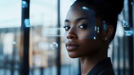 A Black businesswoman stands in front of an office building, with digital facial biometric data overlaying her face