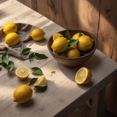 Still life with lemon harvest on a wooden table